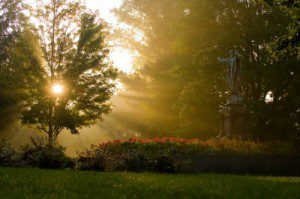 Jesus Statue on a misty morning..Photo by Matt Cashore/University of Notre Dame