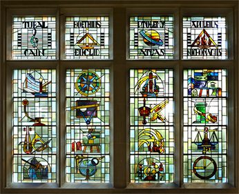Stained glass window in O'Shaughnessy Hall