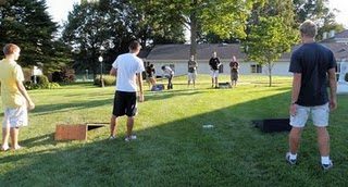 Seminarians playing cornhold at Deer Porte