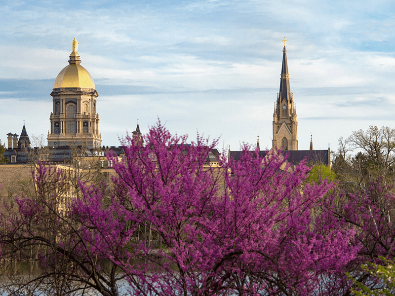 Notre Dame Golden Dome and Basilica of the Sacred Heart from across Saint Joseph Lake