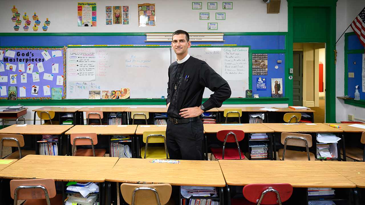 Br. Matt Reagan in his classroom at St. Adalbert Catholic School