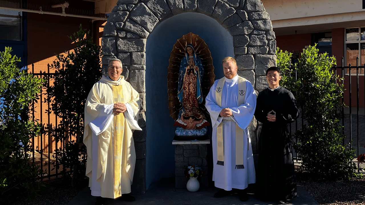 Novice Jordan Chang with Fr. Andrew Fritz, C.S.C., and Fr. John DeRiso, C.S.C. at St. John Vianney Catholic Church in Goodyear, AZ
