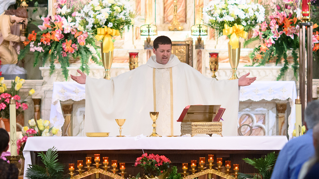 Fr. Drew Clary, C.S.C., celebrates his first Mass at St. Adalbert Catholic Church in South Bend, Indiana in 2022