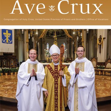 Front cover of the Spring 2026 edition of Ave Crux with a picture of Rev. TJ Groden, Bishop Neary, and Rev. Christopher Muholland