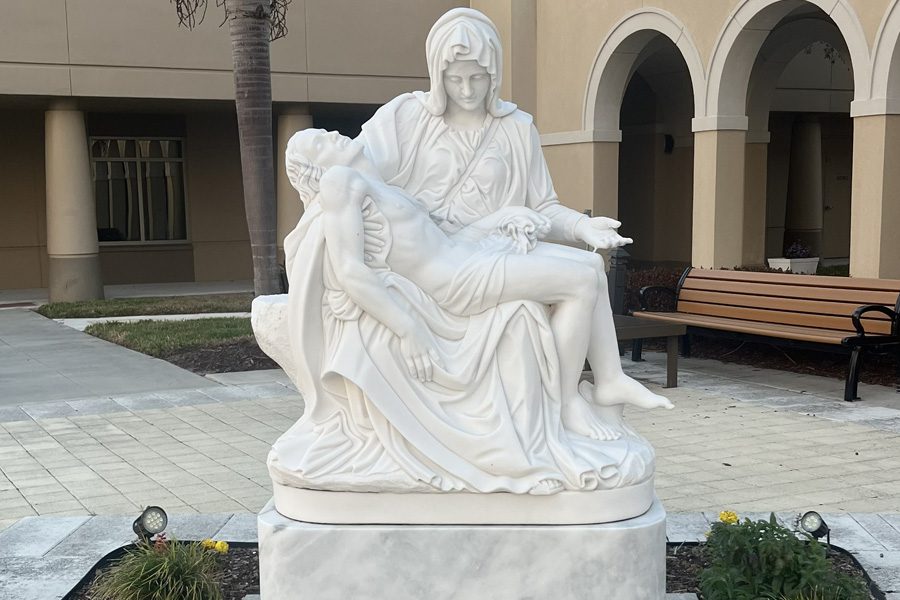2026 St John Viera 1 Our Lady of Sorrows statues in the courtyard at St. John Viera, Florida.