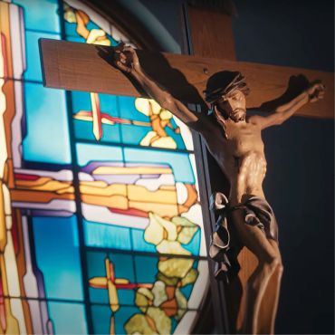 Stained glass window at St. Vianny Parish.