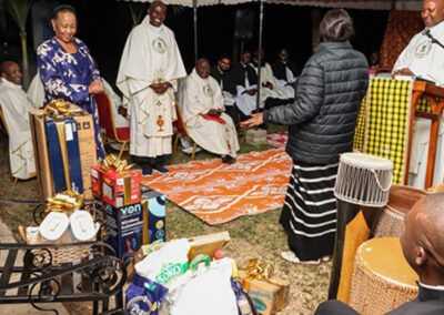 Lay members of the community gather with The Most Rev. John Obala Owaa, Bishop of the Diocese of Ngong, to celebrate the opening of the new Holy Cross Center Kiserian in Nairobi, Kenya.